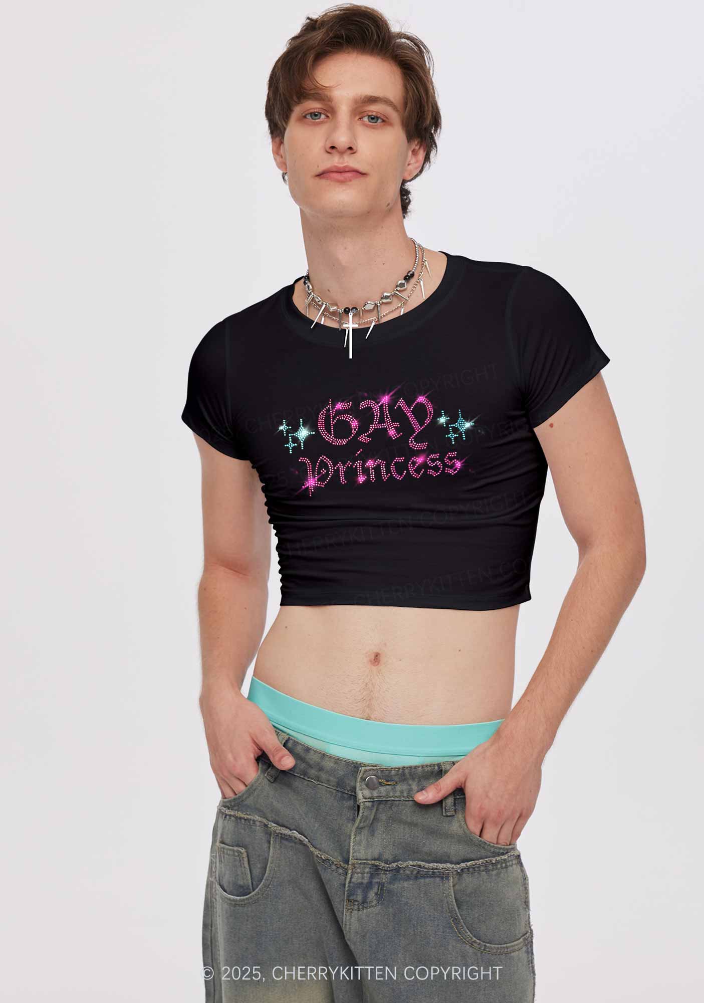 Rhinestone Gay Princess Y2K Baby Tee Cherrykitten