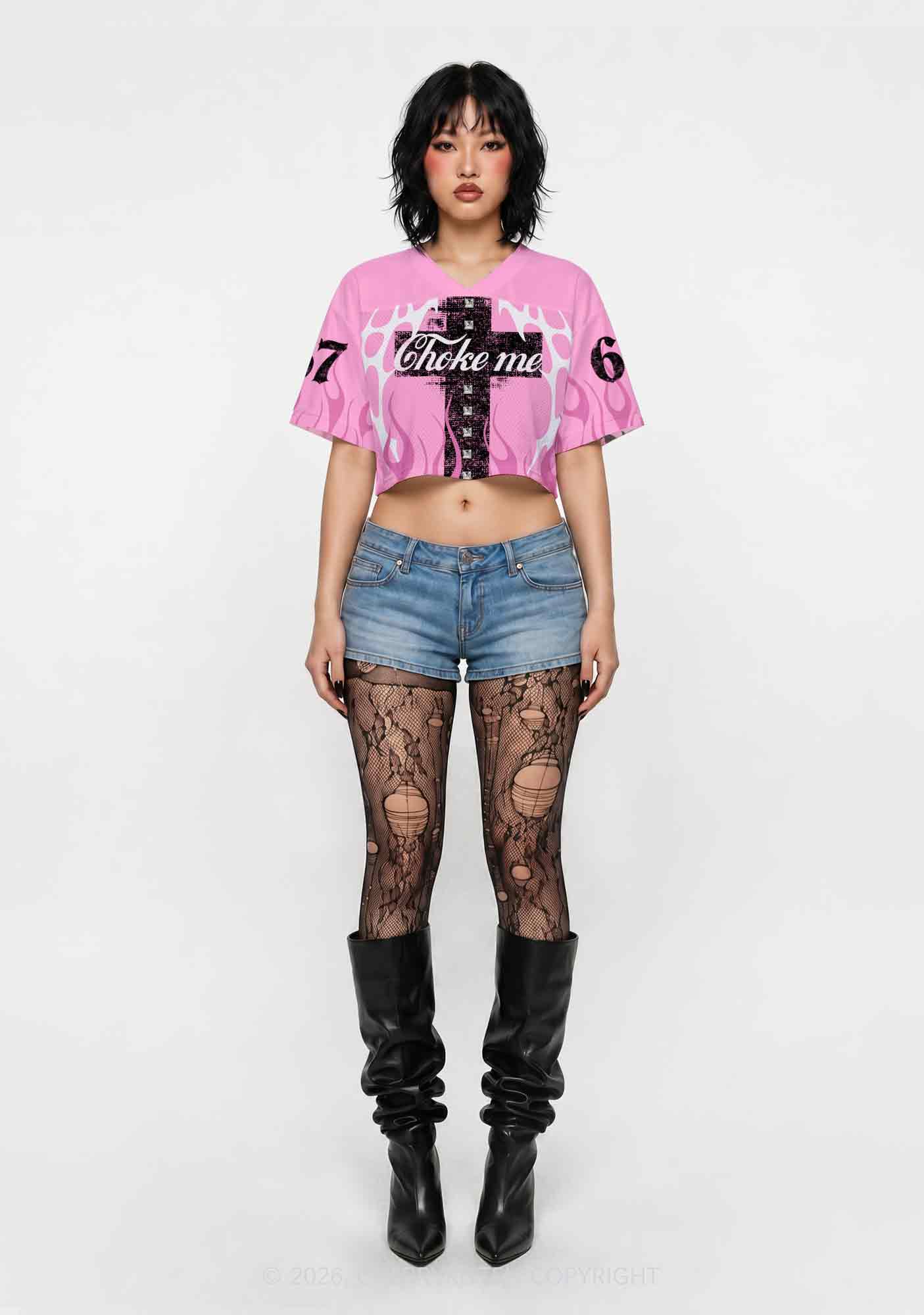 Choke Me Black Cross Y2K Crop Sport Jersey Shirts Cherrykitten