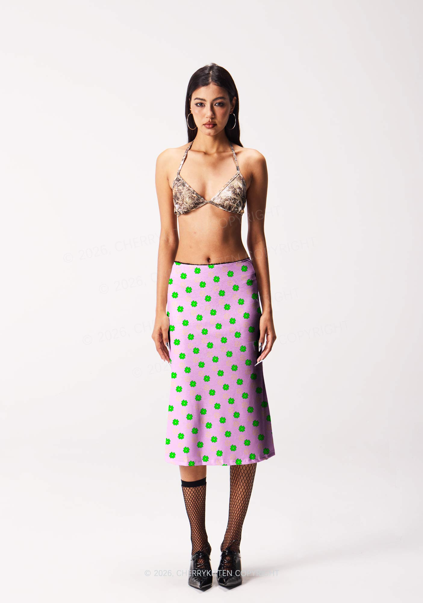 Clover On Pink St Patricks Y2K Print Midi Skirt Cherrykitten
