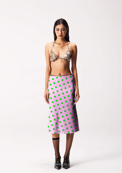 Clover On Pink St Patricks Y2K Print Midi Skirt Cherrykitten