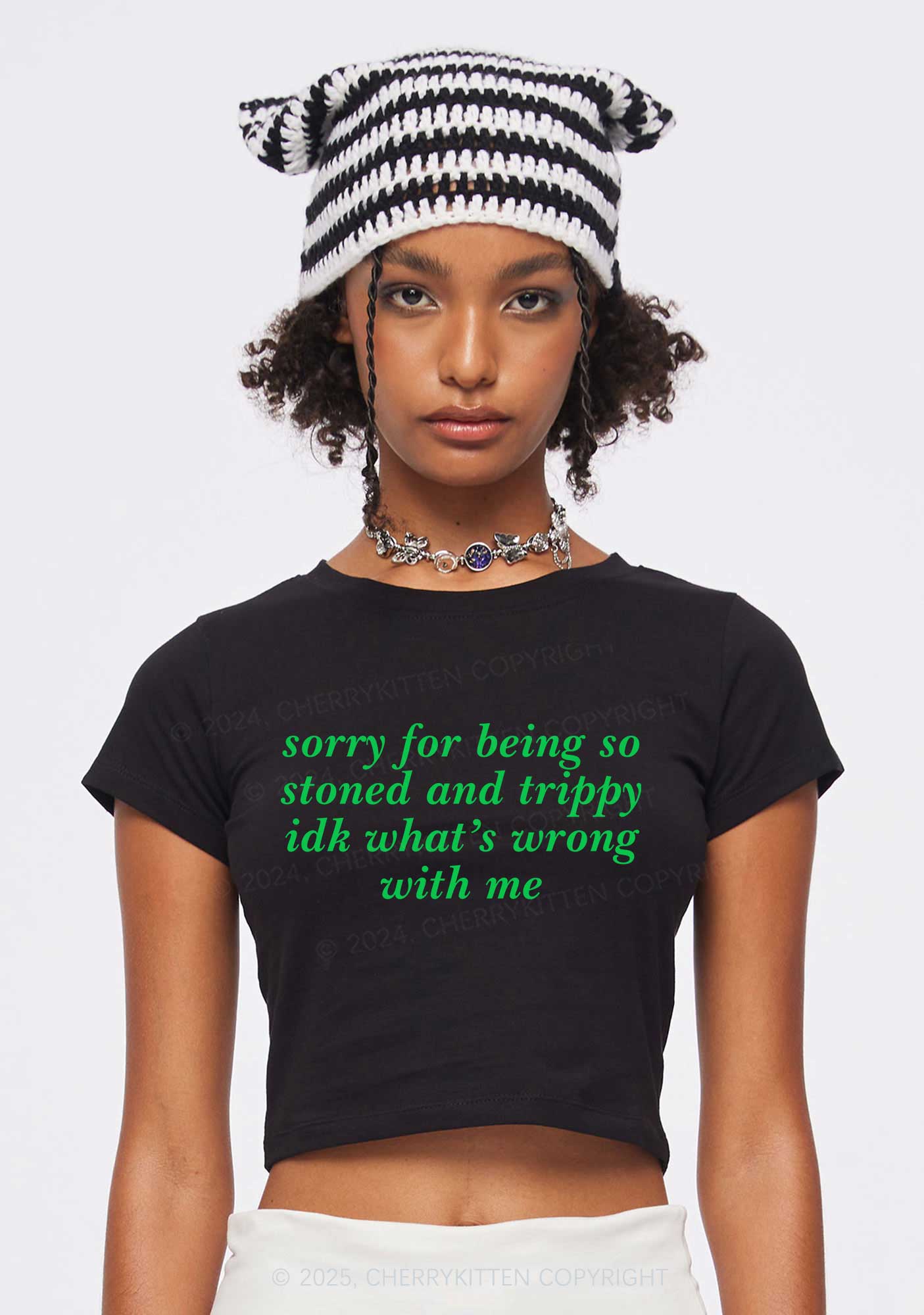 Sorry For Being Stoned And Trippy Y2K Baby Tee Cherrykitten