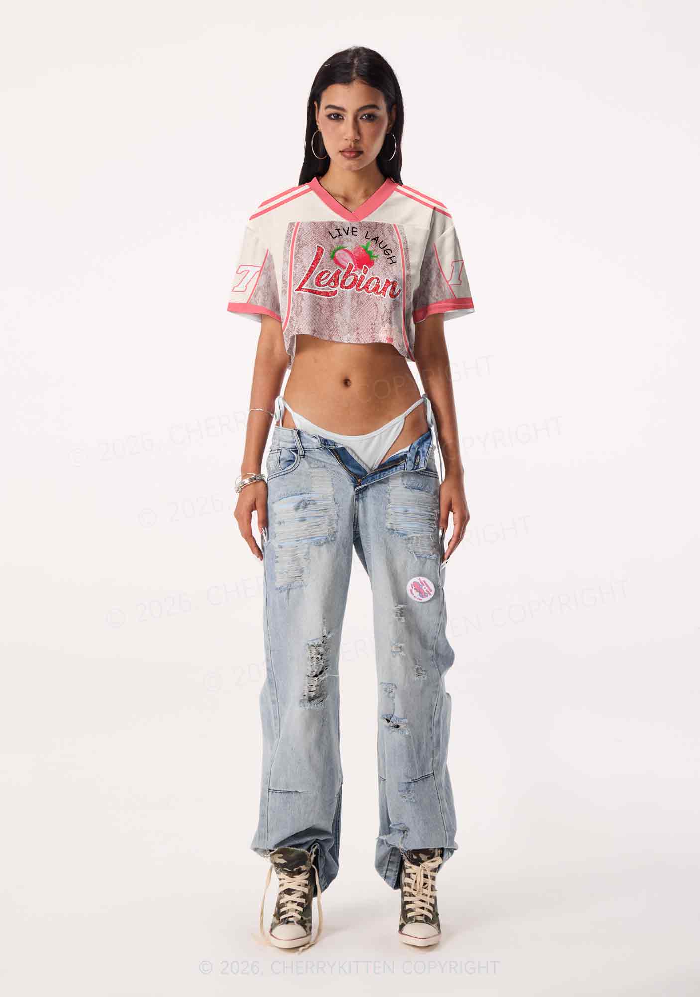 Live Laugh Lesbian Pride Y2K Crop Sport Jersey Shirts Cherrykitten