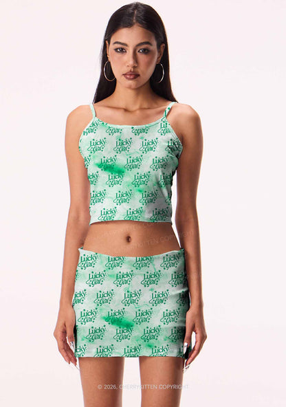 Lucky Girl Green Clover St Patricks Y2K Print Mini Skirt Cherrykitten
