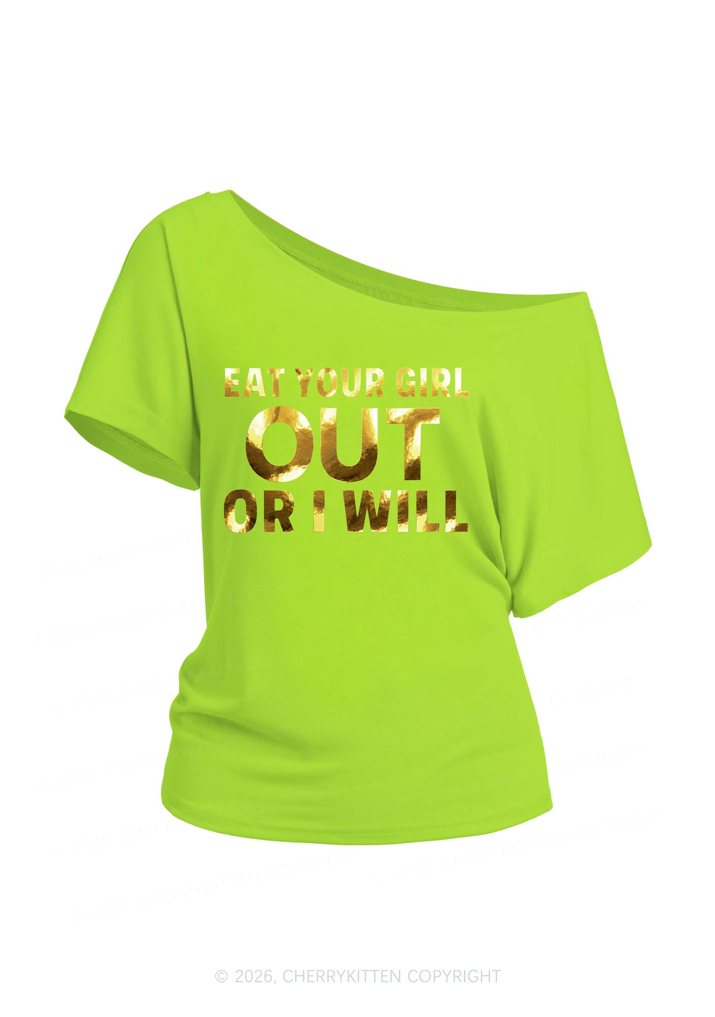 Eat Your Girl Out Silver Foil Printed Y2K Off Shoulder Tee Cherrykitten