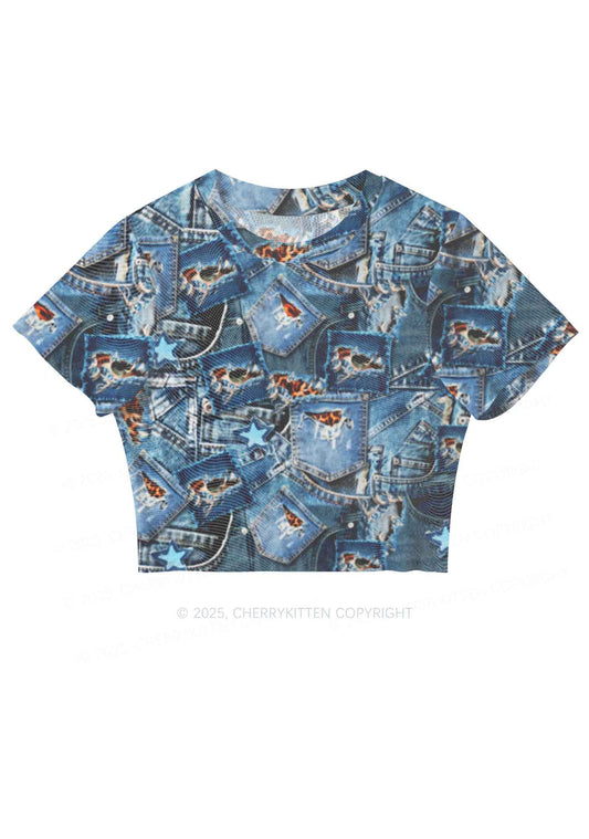 Denim Patchwork Y2K Mesh Crop Top Cherrykitten