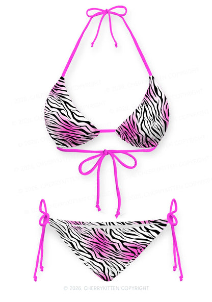 Gradient Pink Zebra Stripe Y2K Print Bikini Set Cherrykitten