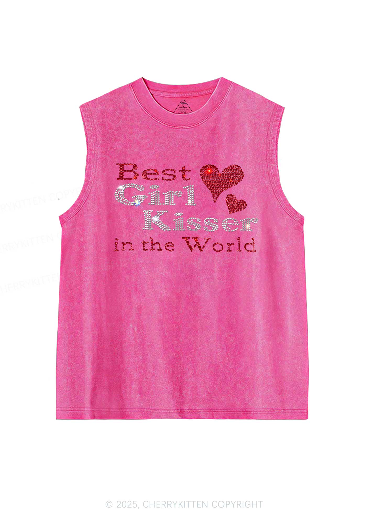 Rhinestone Best Girl Kisser Pride Y2K Washed Muscle Tank Cherrykitten