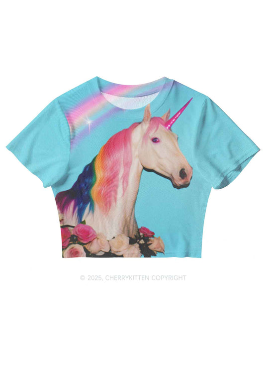 Colorful Unicorn Y2K Mesh Crop Top Cherrykitten