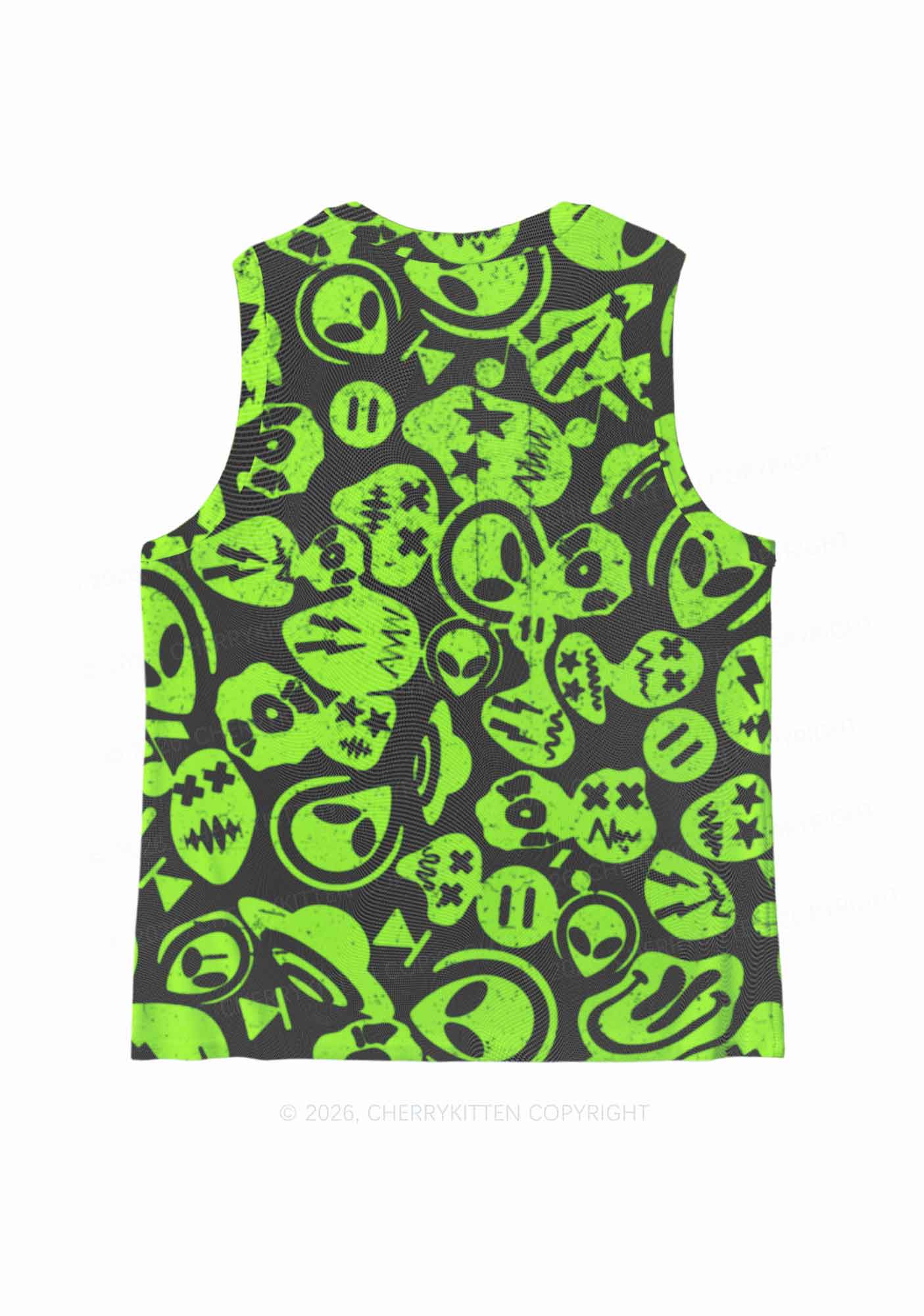 Green Alien Doodle Y2K Mesh Muscle Tank Cherrykitten