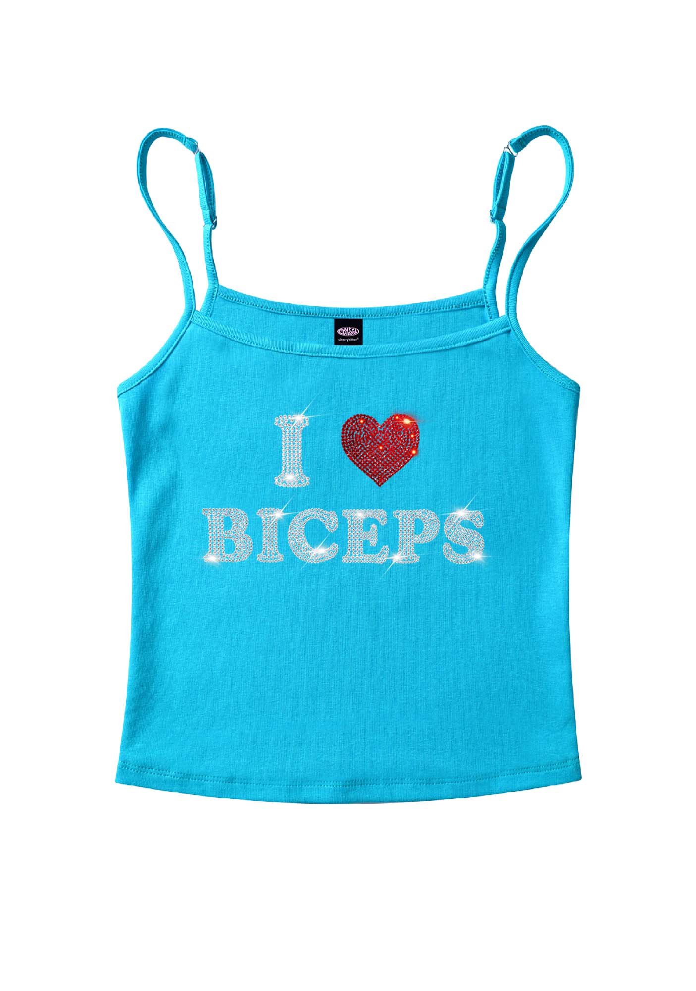 Rhinestone I Love Biceps Y2K Spaghetti Strap Cami Cherrykitten