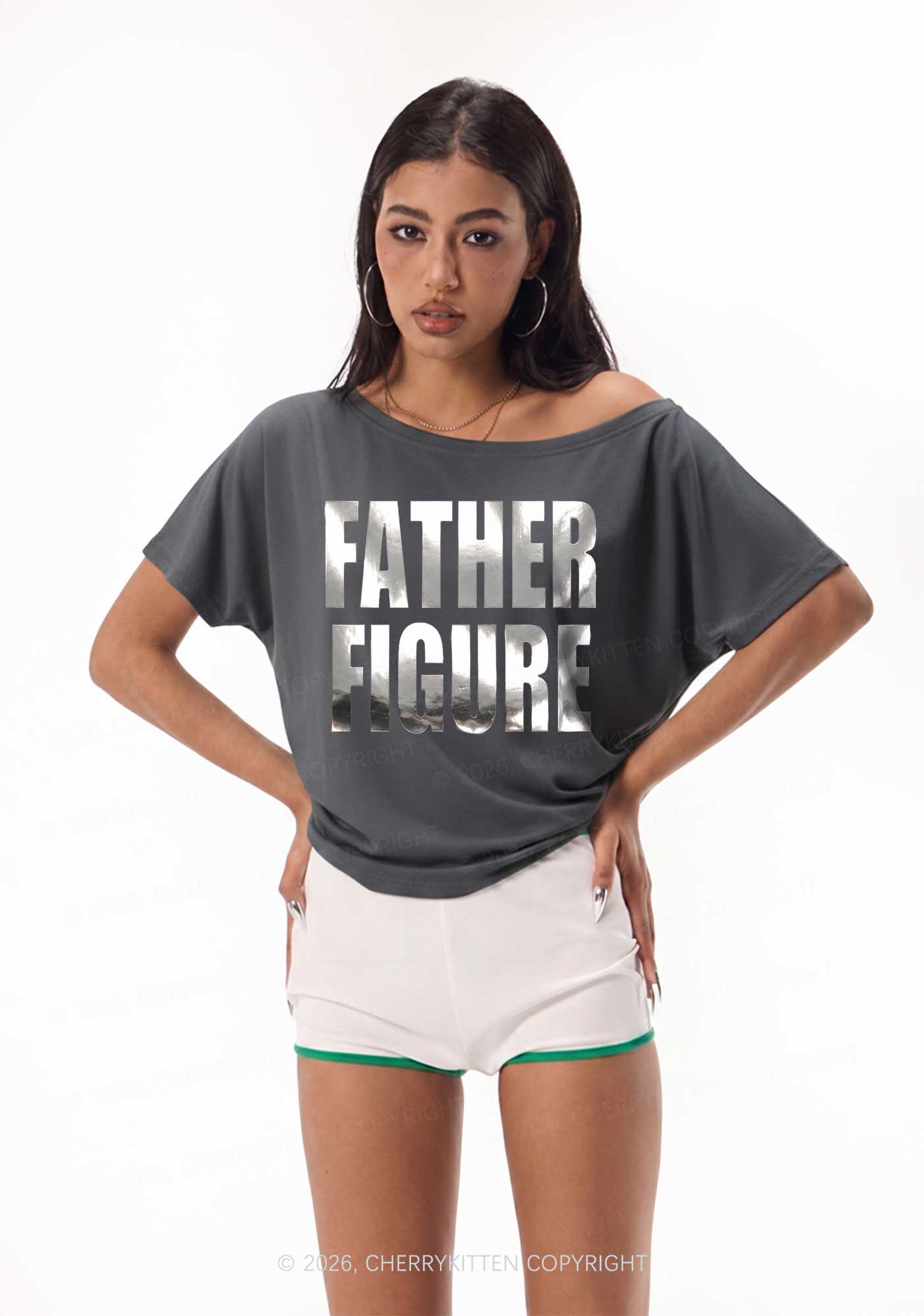 Father Figure Silver Foil Printed Y2K Off Shoulder Tee Cherrykitten