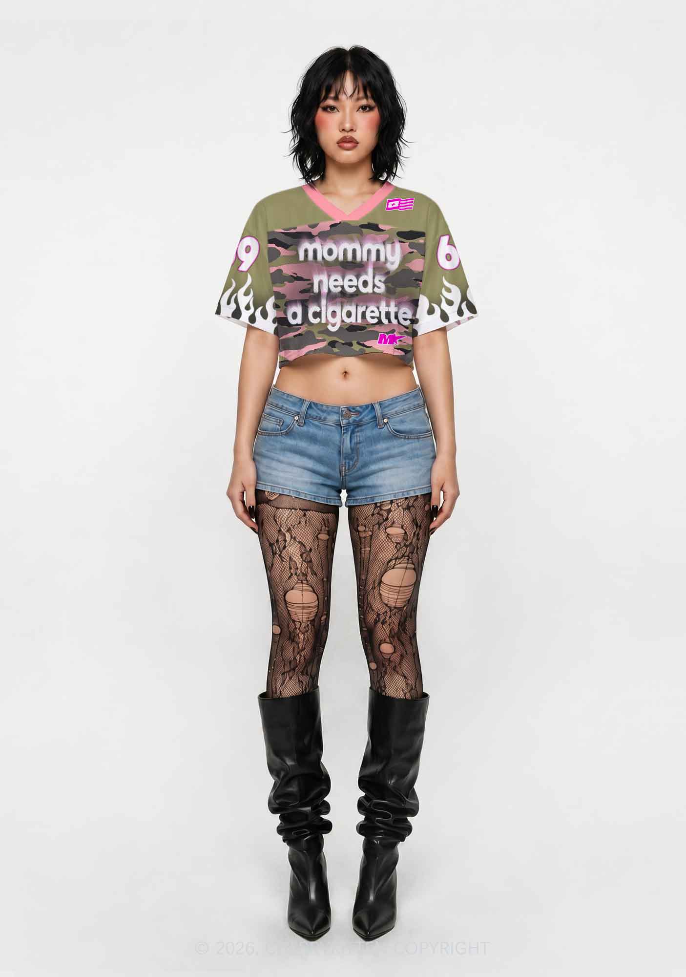 Mommy Needs A Cigarette Camo Y2K Crop Sport Jersey Shirts Cherrykitten