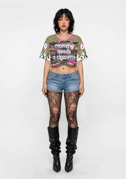 Mommy Needs A Cigarette Camo Y2K Crop Sport Jersey Shirts Cherrykitten