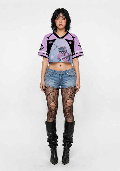 Pink Hoodie Raccoon DJ Y2K Crop Sport Jersey Shirts Cherrykitten