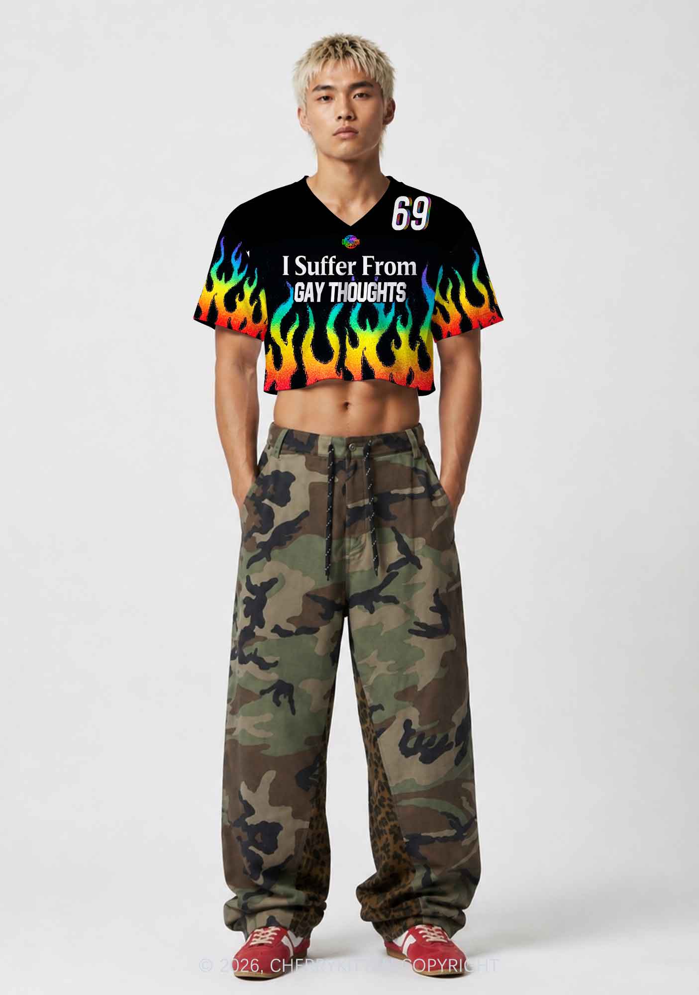 Gay Thoughts Rainbow Flame Pride Y2K Crop Sport Jersey Shirts Cherrykitten