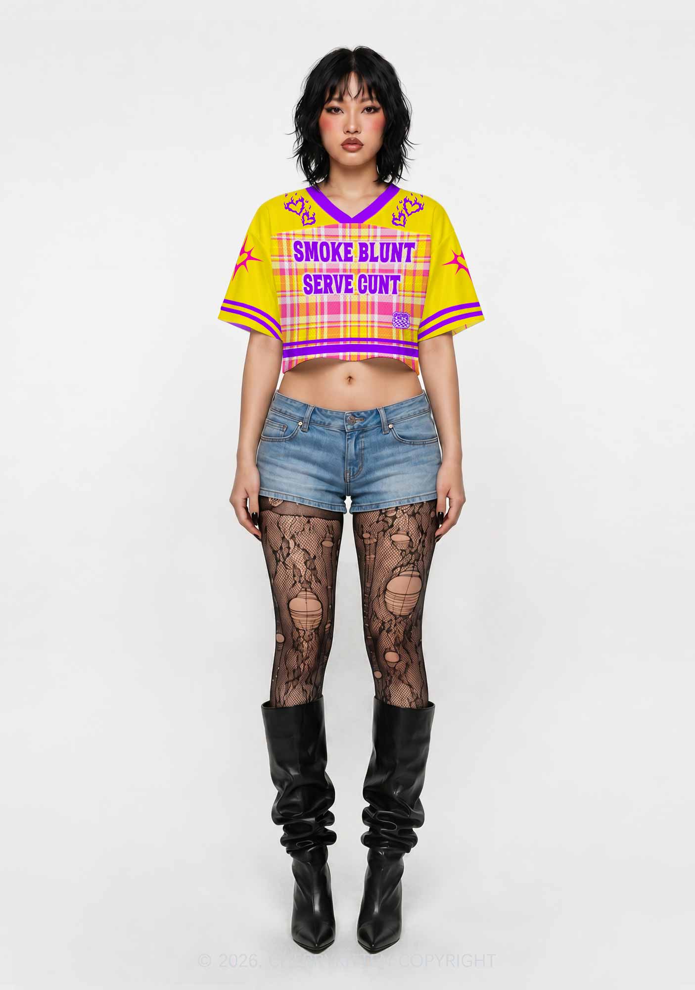 Smoke Blunt Yellow Plaid Y2K Crop Sport Jersey Shirts Cherrykitten