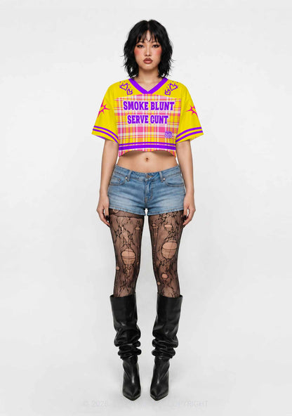 Smoke Blunt Yellow Plaid Y2K Crop Sport Jersey Shirts Cherrykitten