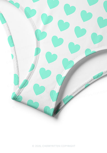 Mint Green Heart On White Y2K Print Bikini Set Cherrykitten