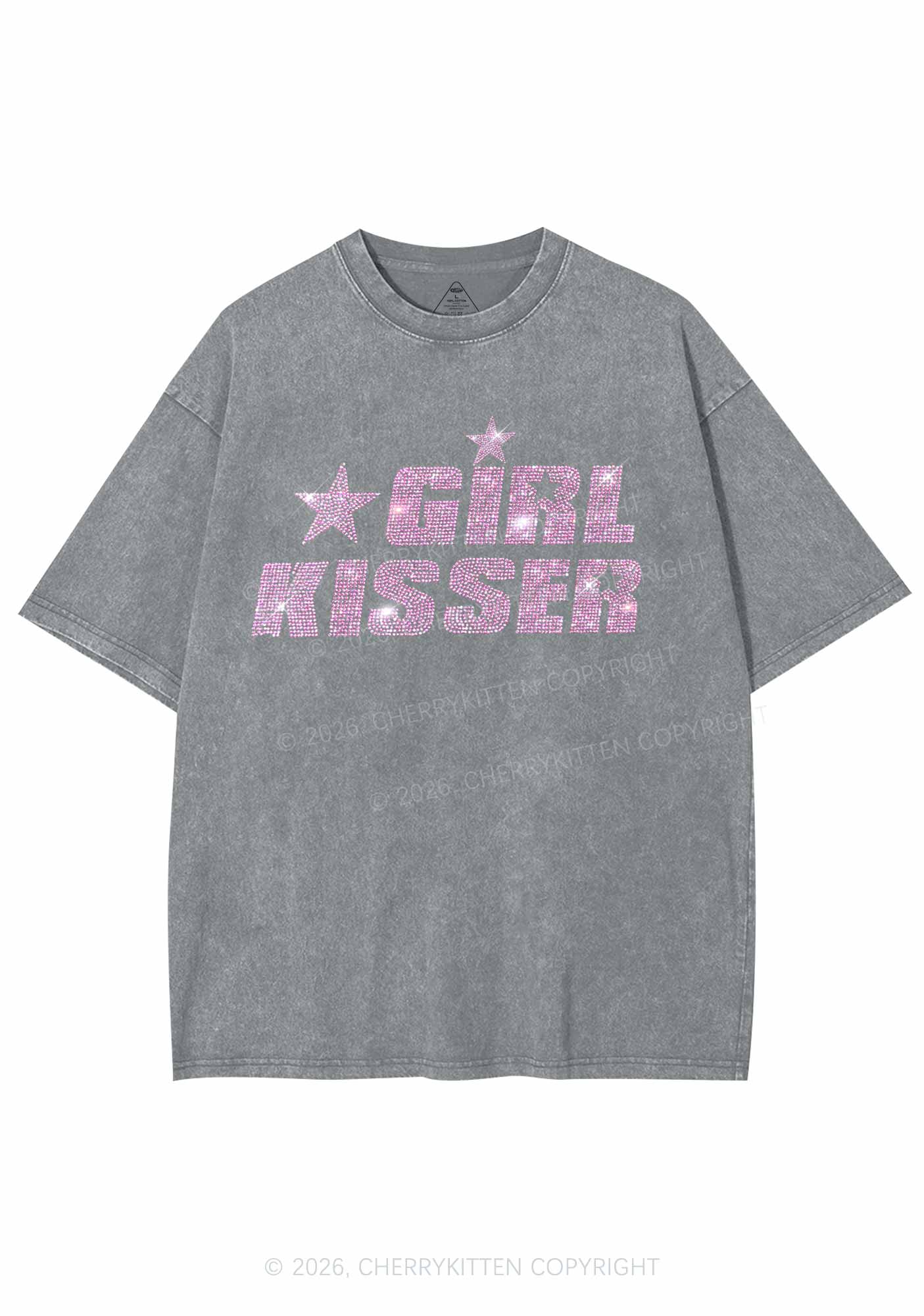 Rhinestone Girl Kisser Pride Y2K Shirts Washed Tee Cherrykitten