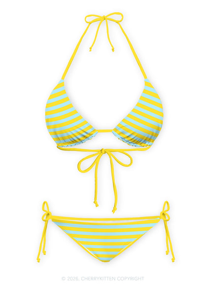 Blue And Yellow Stripes Y2K Print Bikini Set Cherrykitten