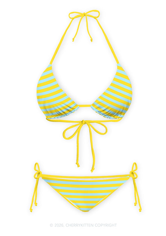Blue And Yellow Stripes Y2K Print Bikini Set Cherrykitten
