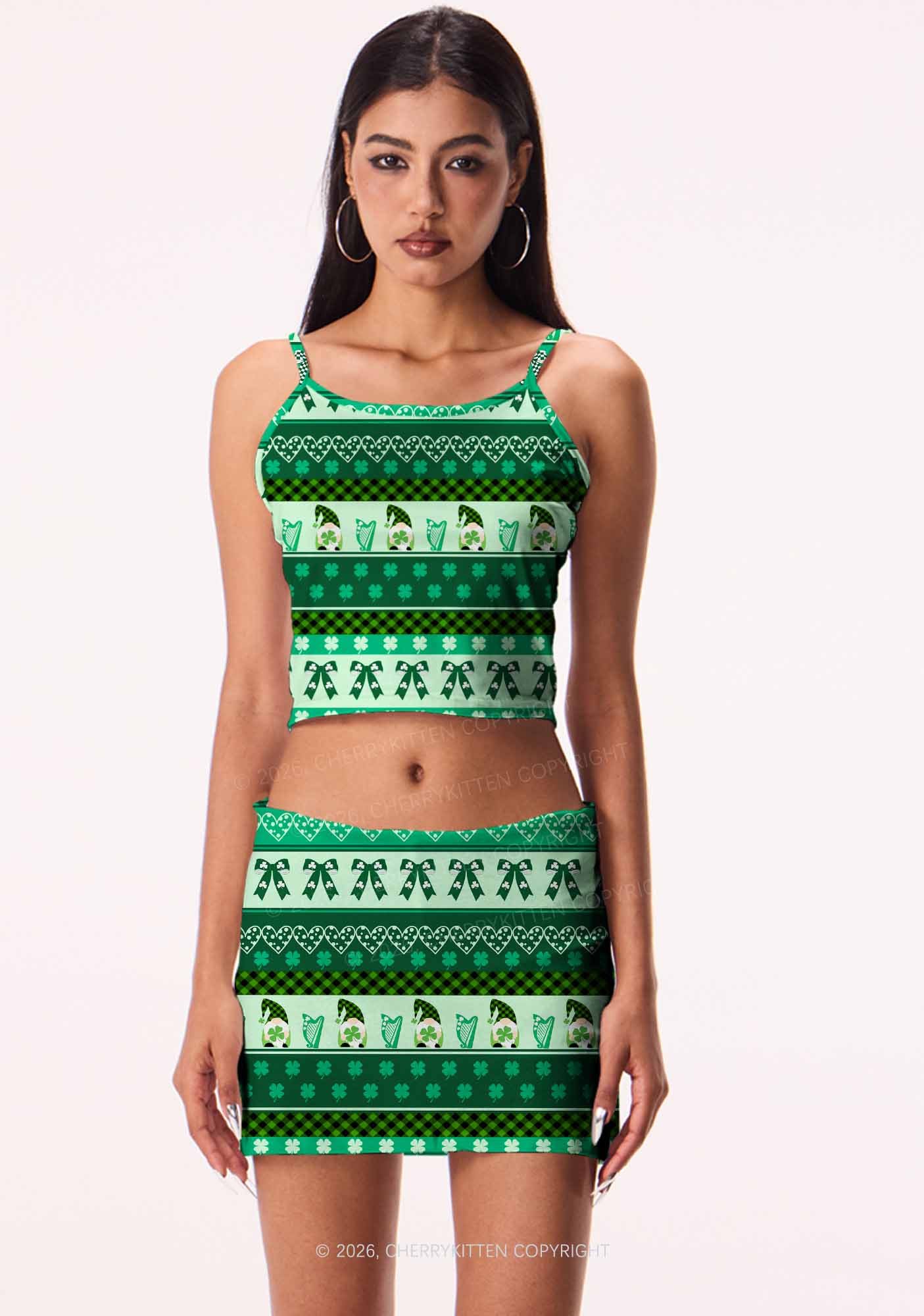 Green Gnome Shamrock Bows St Patricks Y2K Print Mini Skirt Cherrykitten