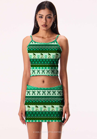Green Gnome Shamrock Bows St Patricks Y2K Print Mini Skirt Cherrykitten