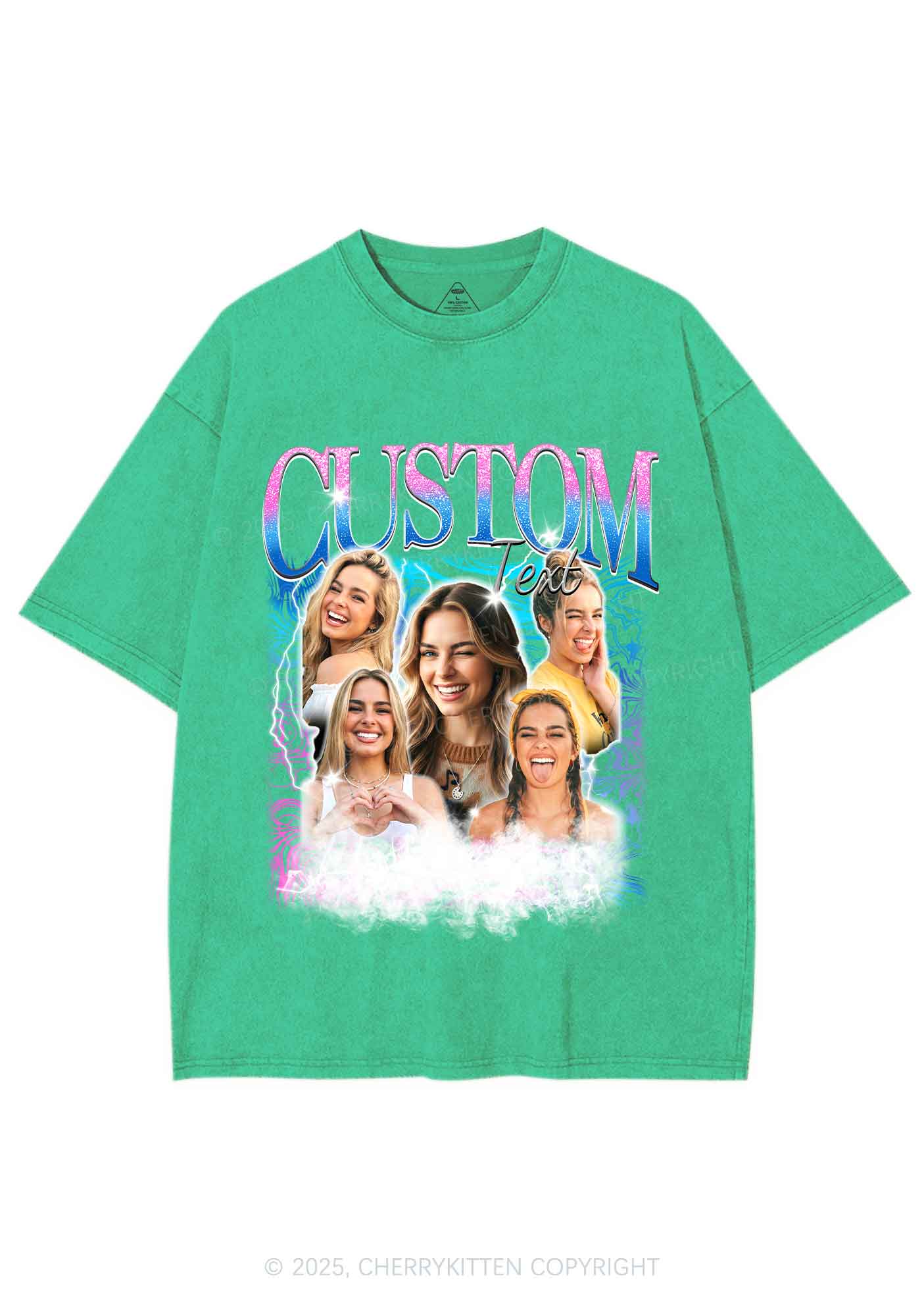Custom Portrait Glitter Text Y2K Shirts Washed Tee Cherrykitten