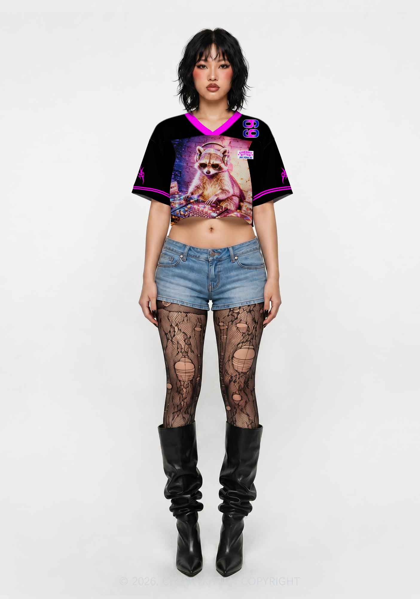 Club DJ Raccoon Y2K Crop Sport Jersey Shirts Cherrykitten