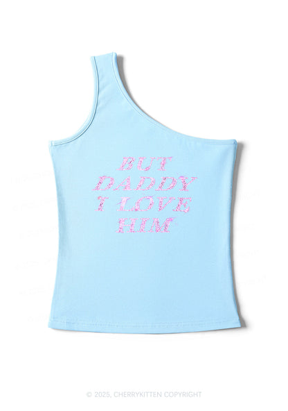 Rhinestone But Daddy I Love Him Y2K One Shoulder Tank Top Cherrykitten