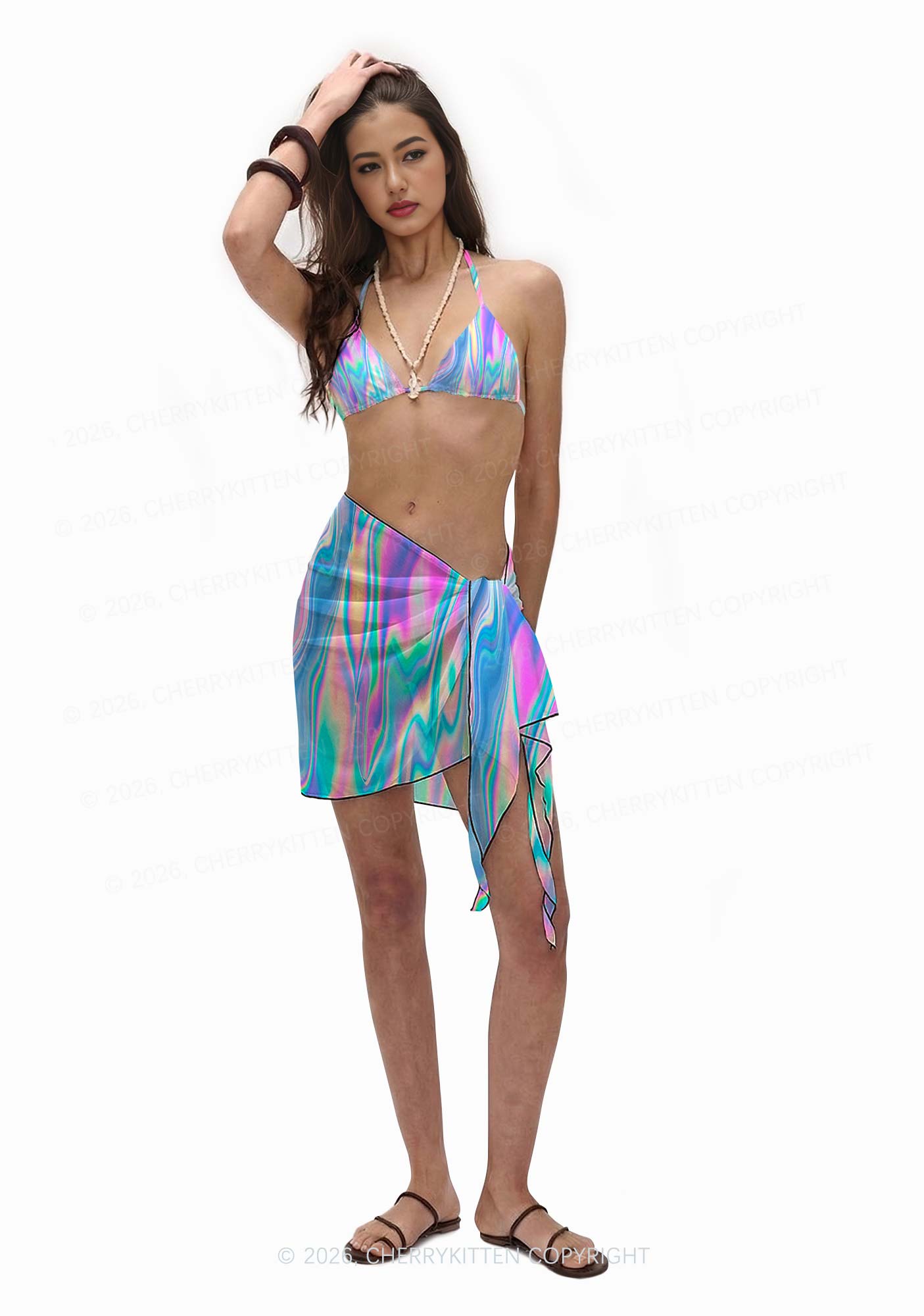 Holographic Iridescent Swirl Y2K Print Bikini Set Cherrykitten