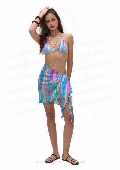 Holographic Iridescent Swirl Y2K Print Bikini Set Cherrykitten