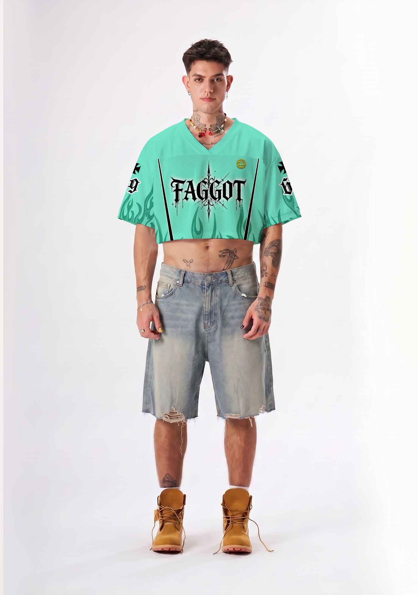 Mint Green Gothic Faggot Pride Y2K Crop Sport Jersey Shirts Cherrykitten
