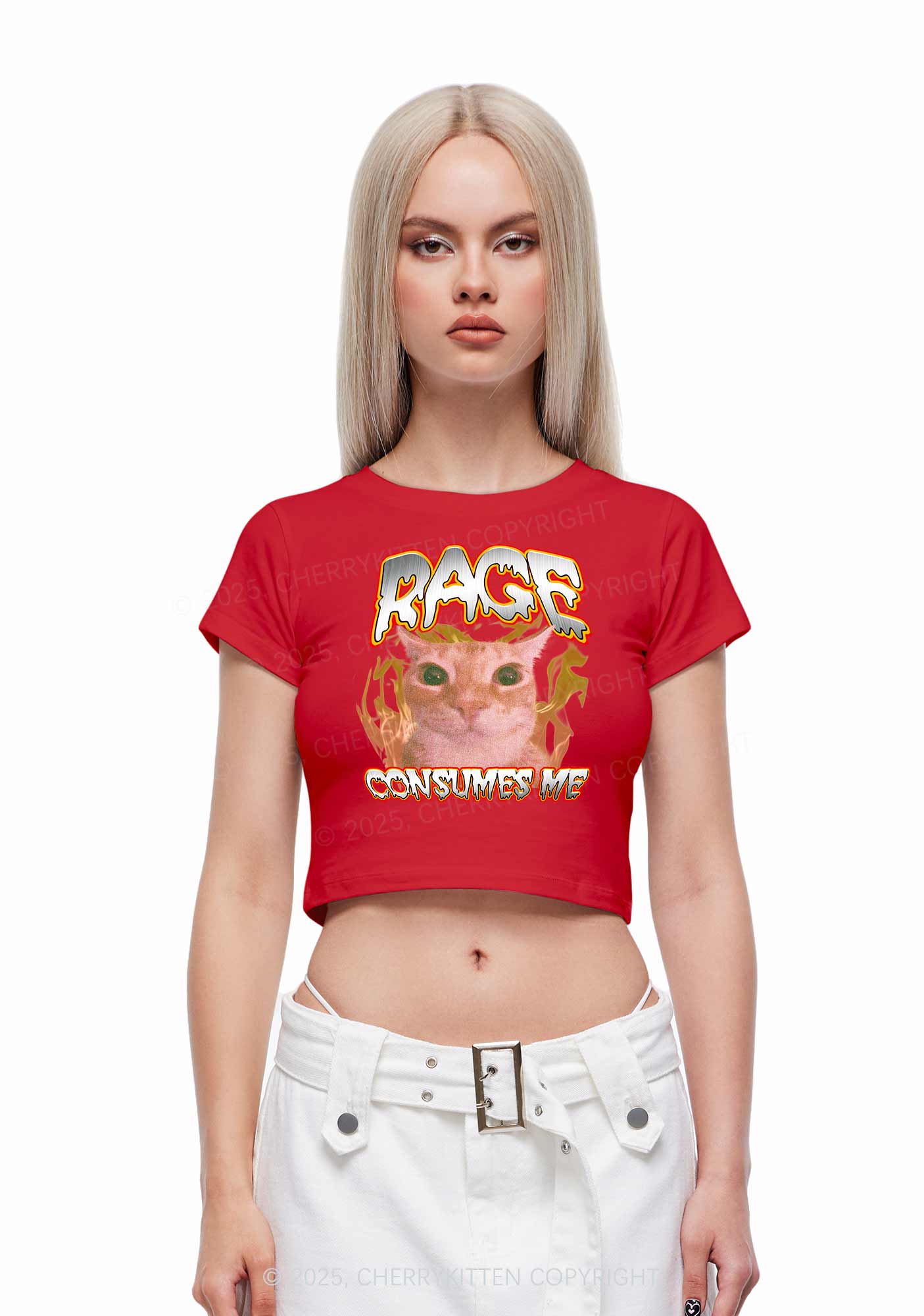 Rage Consumes Me Cat Y2K Baby Tee Cherrykitten