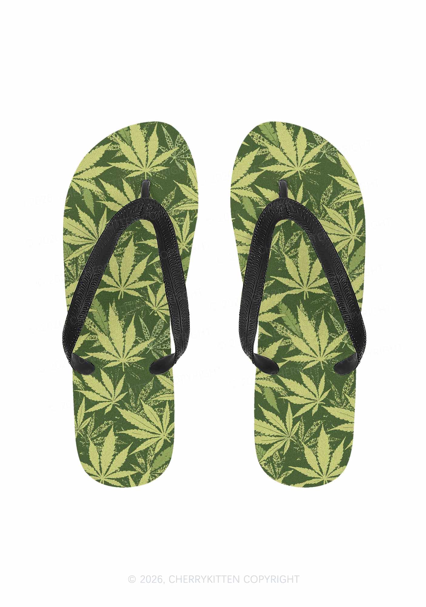 Green Wxxd Leaf Y2K Print Flip Flops Cherrykitten