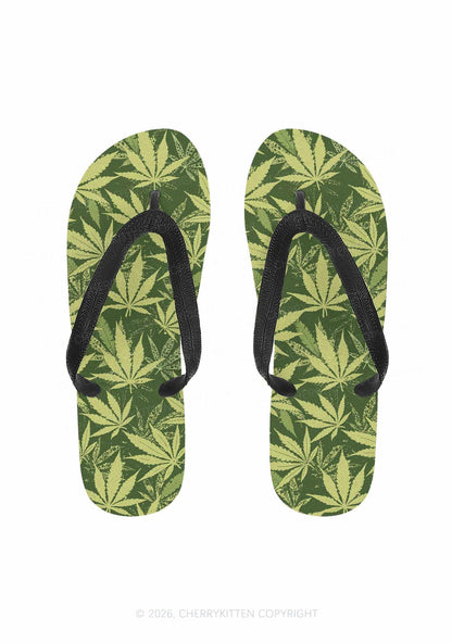 Green Wxxd Leaf Y2K Print Flip Flops Cherrykitten