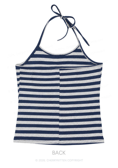 Rhinestone Mommy Needs Cigarette Y2K Navy Grey Striped Halter Neck Cami Cherrykitten
