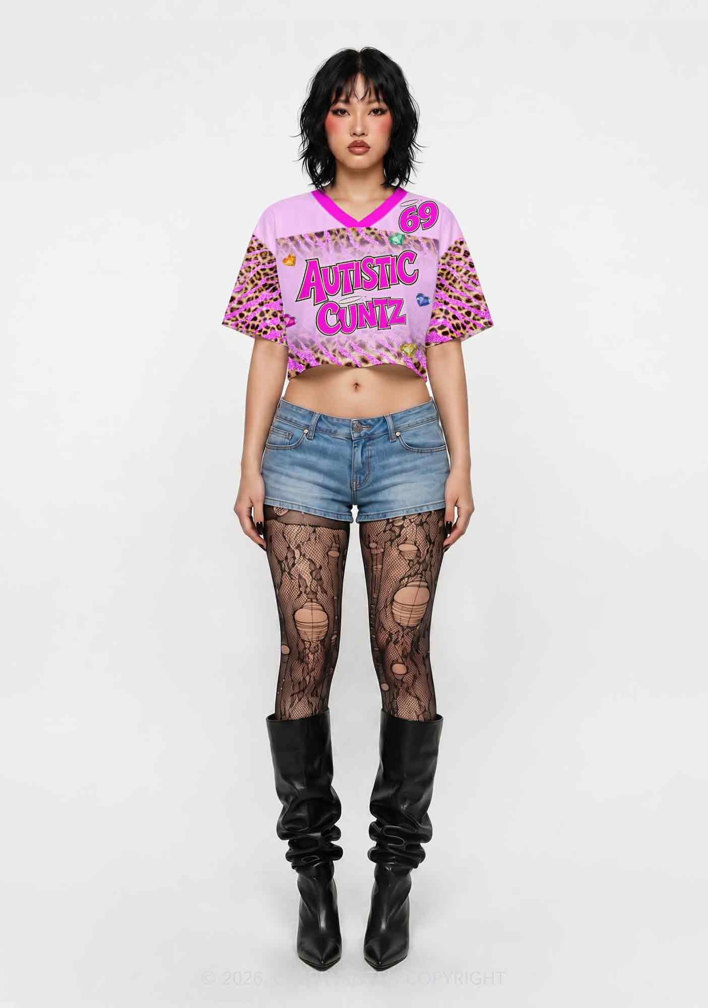 Autistic Cxxt Sparkle Pink Leopard Y2K Crop Sport Jersey Shirts Cherrykitten