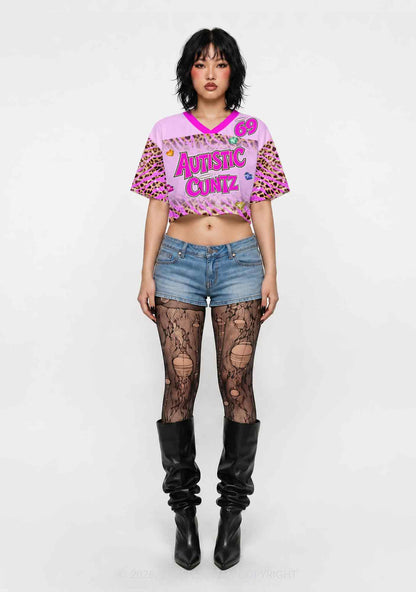 Autistic Cxxt Sparkle Pink Leopard Y2K Crop Sport Jersey Shirts Cherrykitten