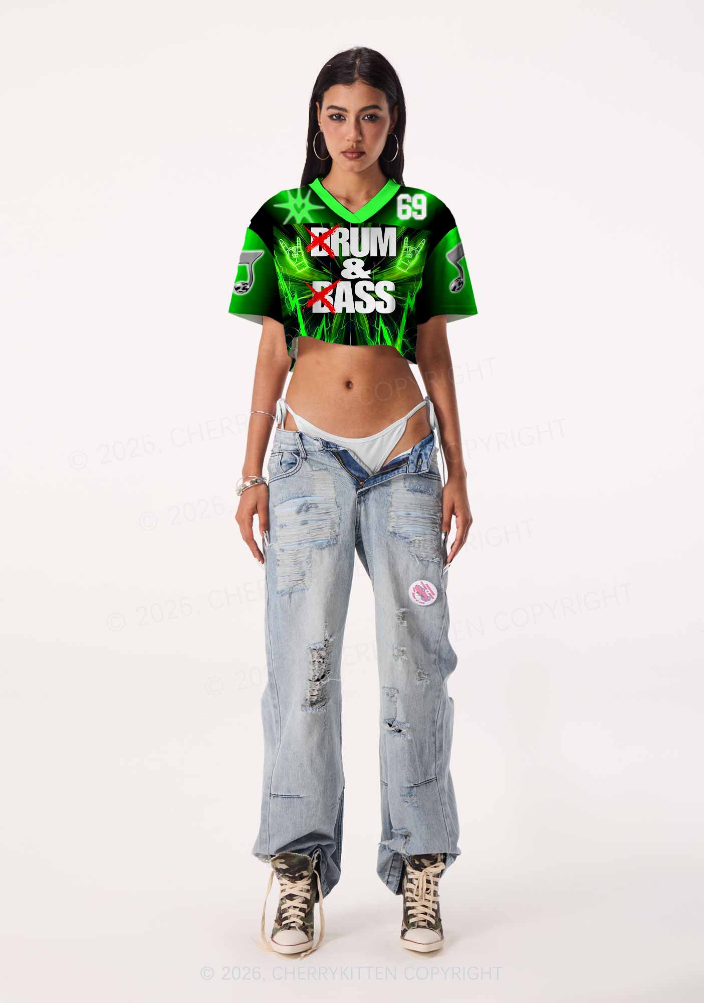 Green DnB Lightning Rock Y2K Crop Sport Jersey Shirts Cherrykitten