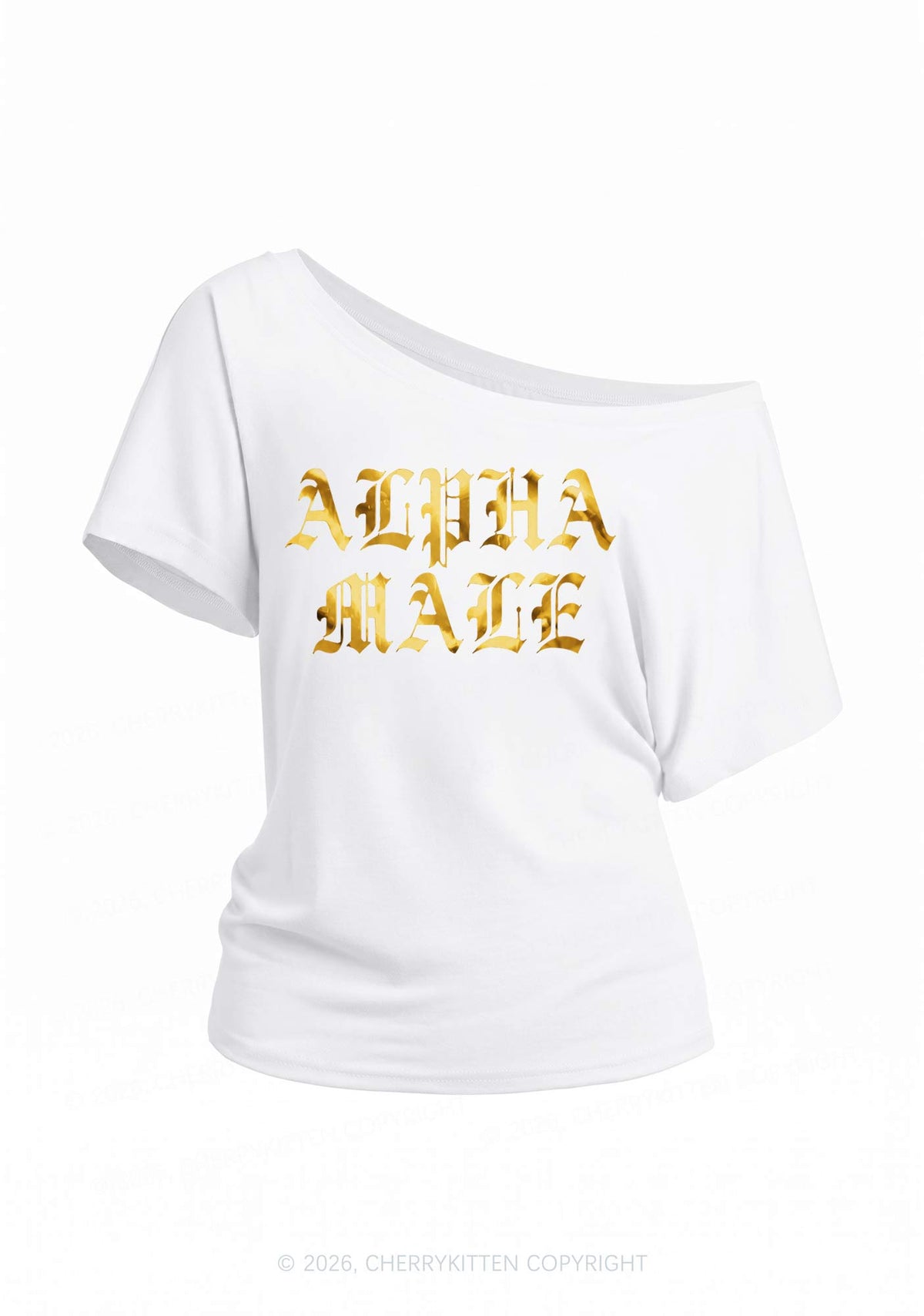 Alpha Male Silver Foil Printed Y2K Off Shoulder Tee Cherrykitten