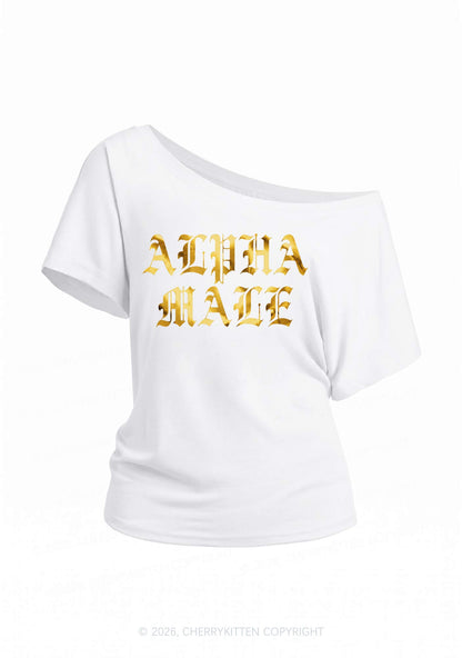 Alpha Male Silver Foil Printed Y2K Off Shoulder Tee Cherrykitten