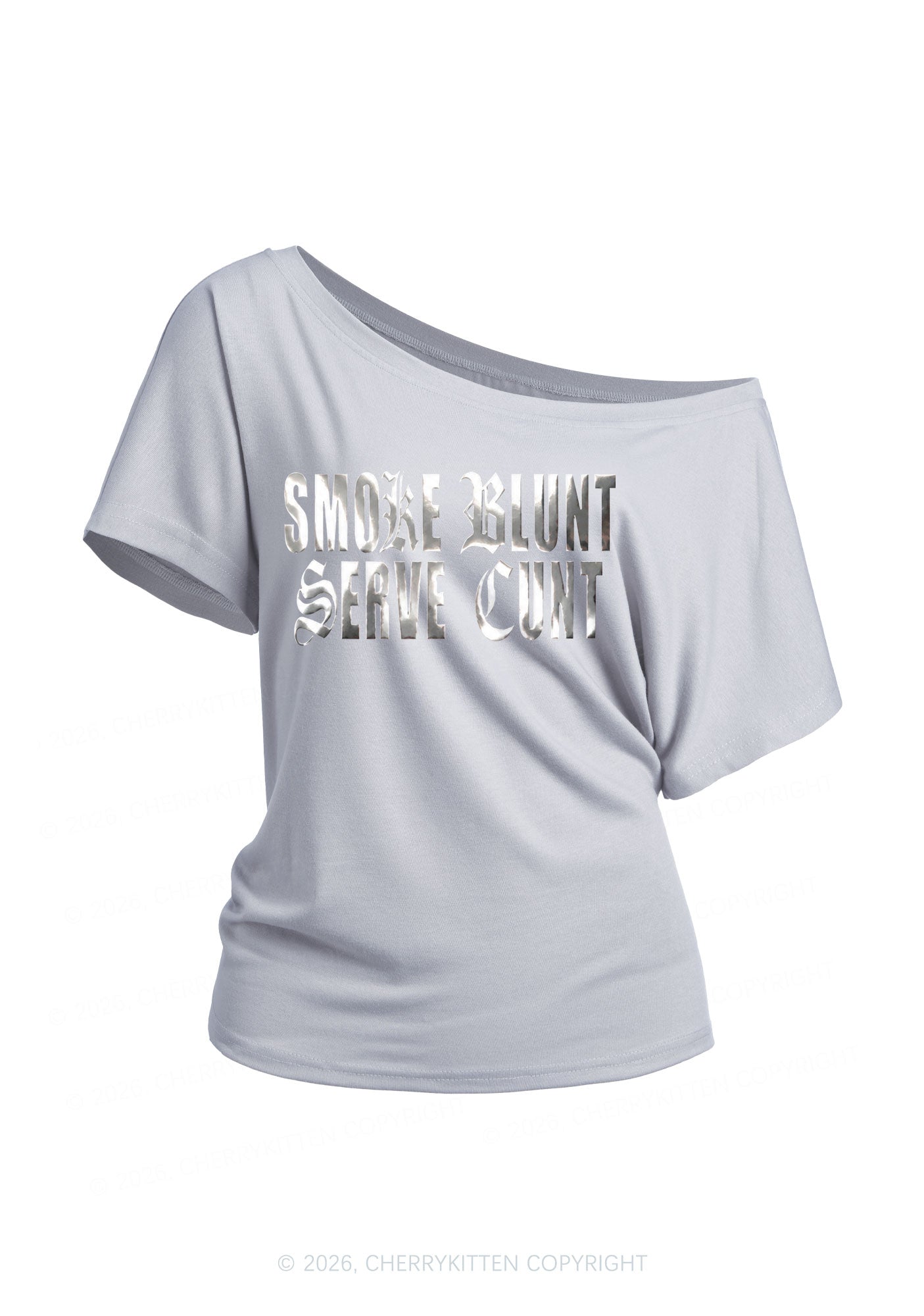 Smoke Blunt Silver Foil Printed Y2K Off Shoulder Tee Cherrykitten