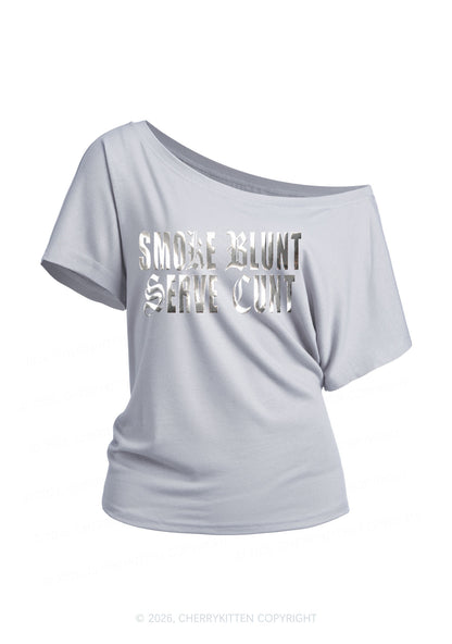 Smoke Blunt Silver Foil Printed Y2K Off Shoulder Tee Cherrykitten