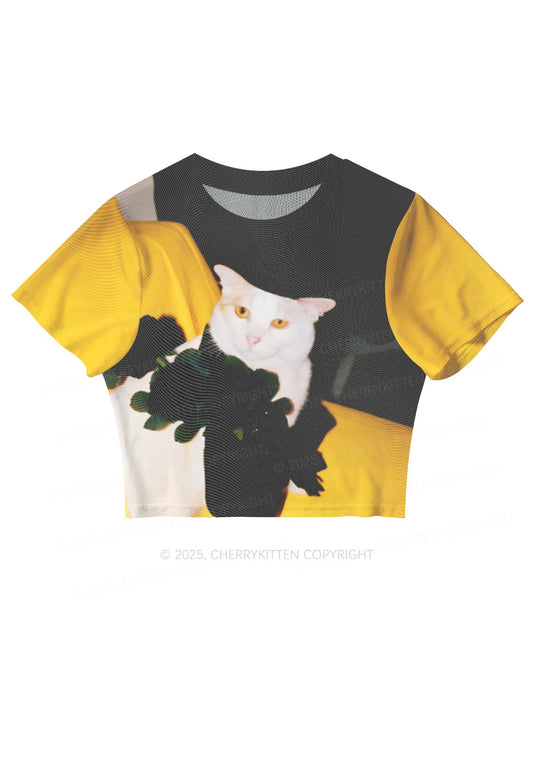 Cat With Black Roses Y2K Mesh Crop Top Cherrykitten