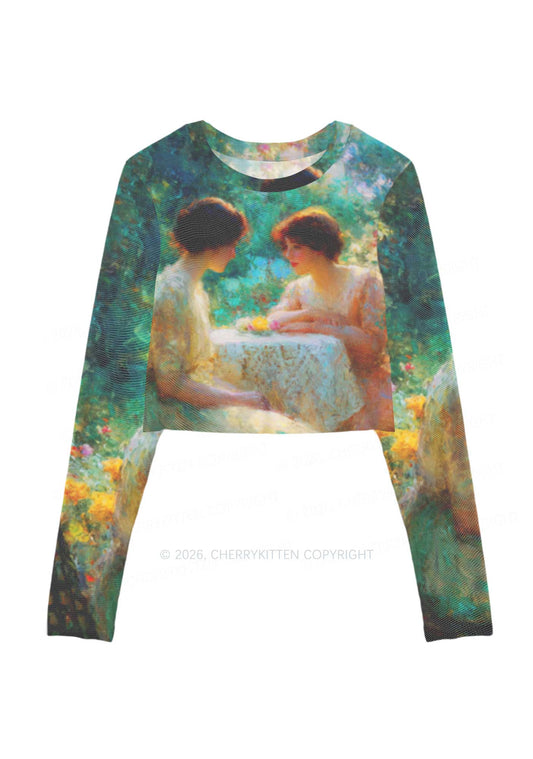 Garden Tea Scene Art Pride Y2K Mesh Long Sleeve Crop Top Cherrykitten