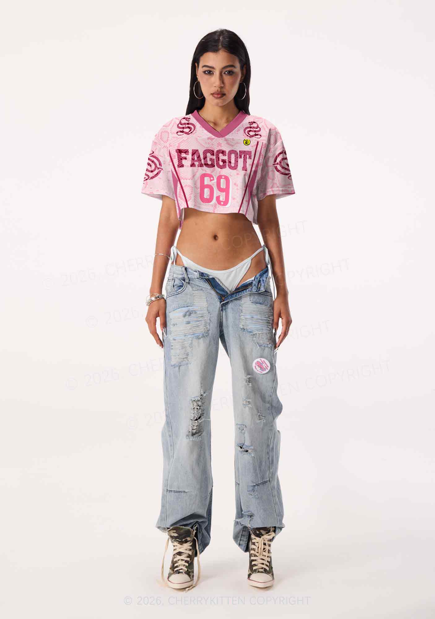Pink Snakeskin Texture Faggot Pride Y2K Crop Sport Jersey Shirts Cherrykitten