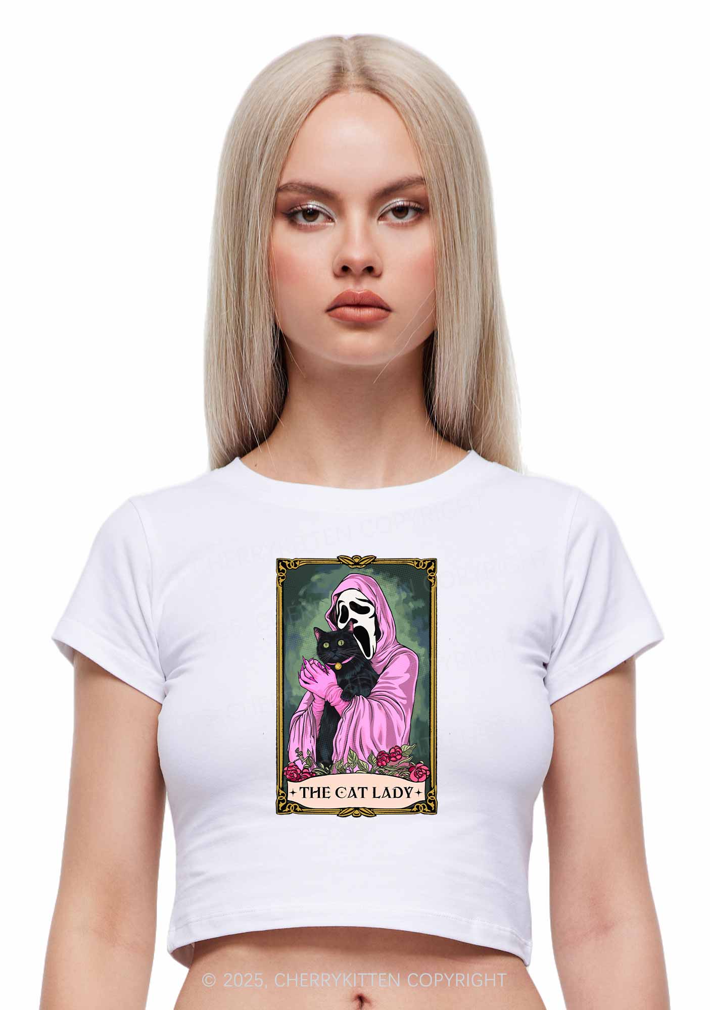 Halloween The Skull Cat Lady Y2K Baby Tee Cherrykitten