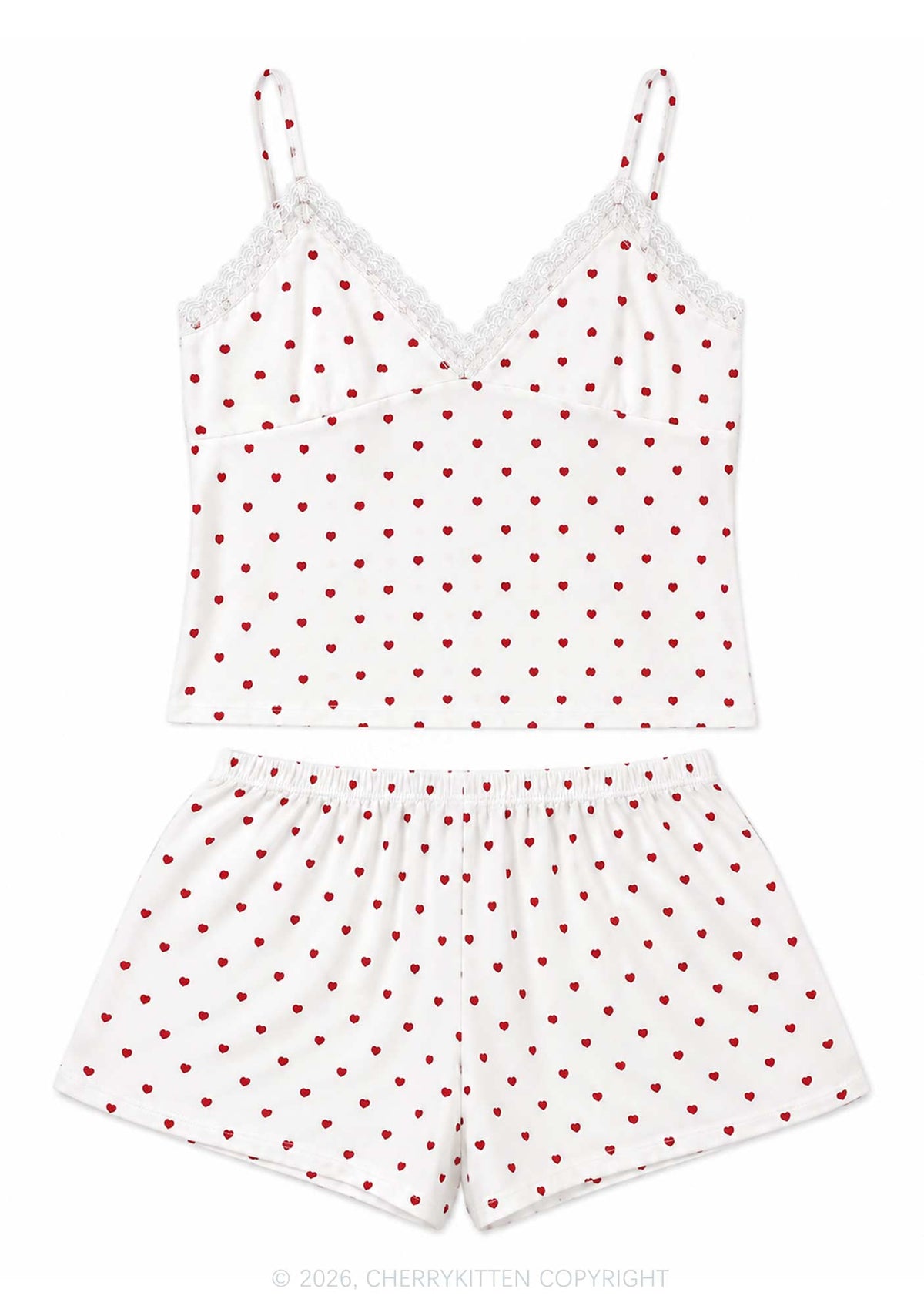 Red Heart On White Y2K Cami Shorts Pajama Set Cherrykitten