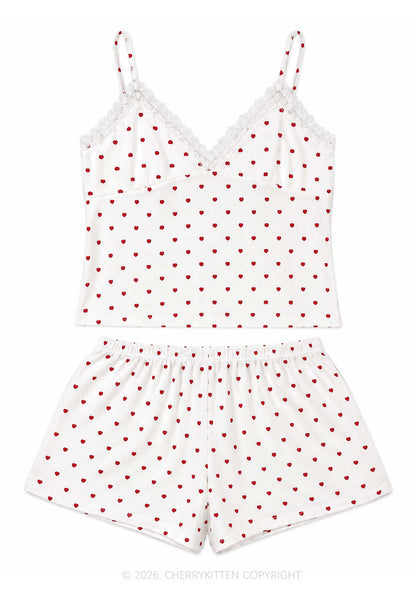 Red Heart On White Y2K Cami Shorts Pajama Set Cherrykitten